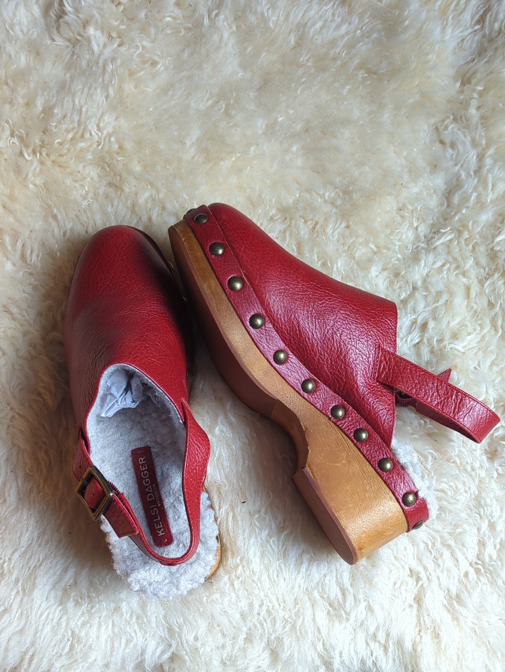 Kelsi Dagger Red Leather Studded Slingback Clogs